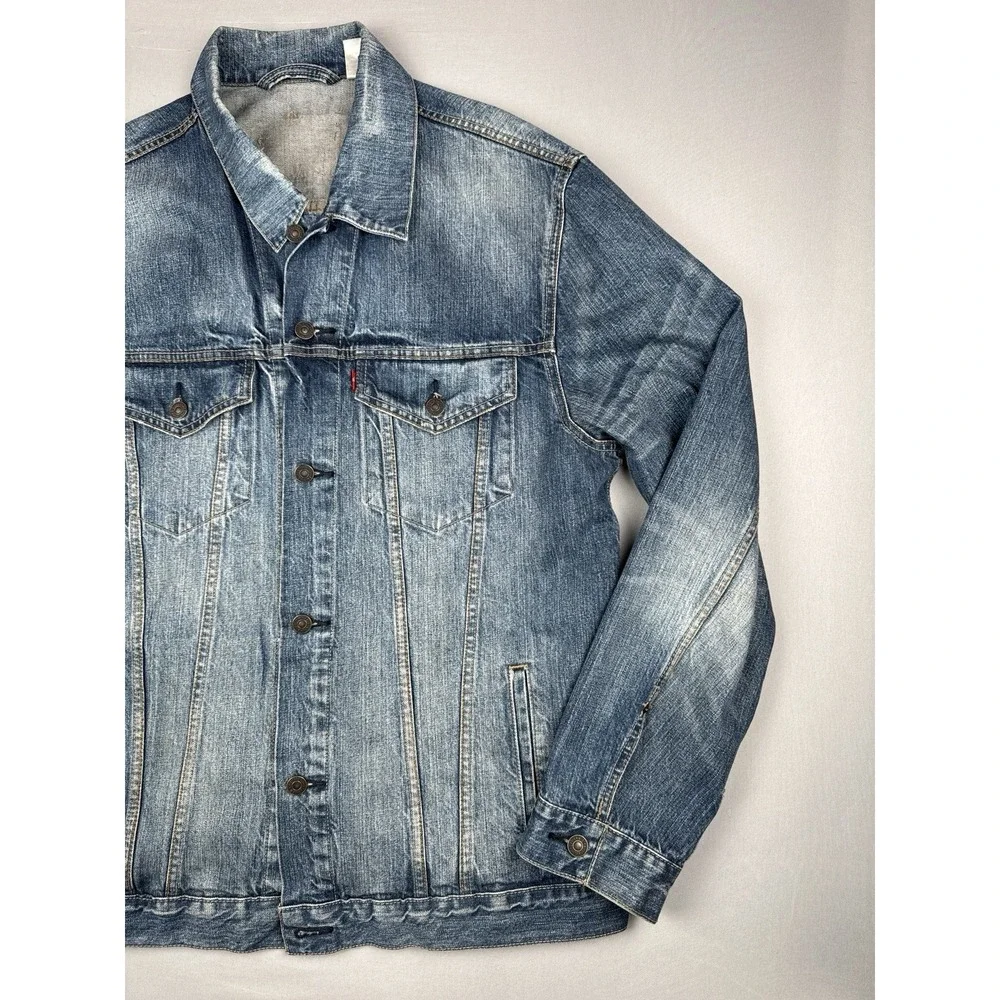 Levi's Denim Trucker Jacket 2XL Distressed Faded Blue Red Tab